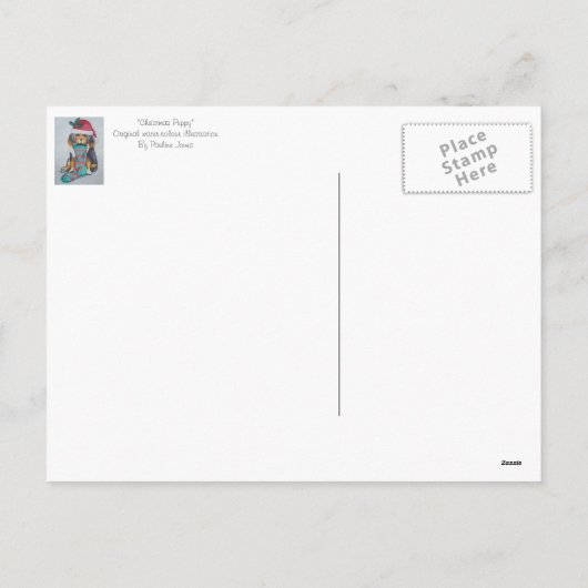 クリスマス用の服を着たかわいい黒と茶色の子犬 シーズンポストカード (裏面)