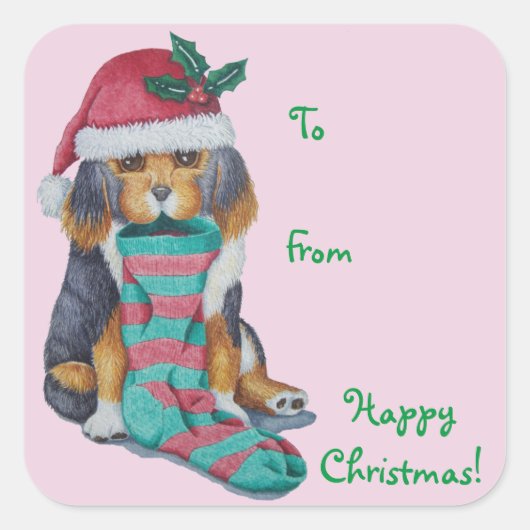クリスマス用の服を着たかわいい黒と茶色の子犬 スクエアシール (正面)