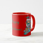 クリスマス用の服を着たかわいい黒と茶色の子犬 マグカップ (正面右)