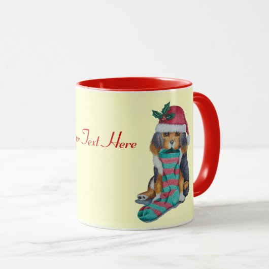 クリスマス用の服を着たかわいい黒と茶色の子犬 マグカップ (正面右)