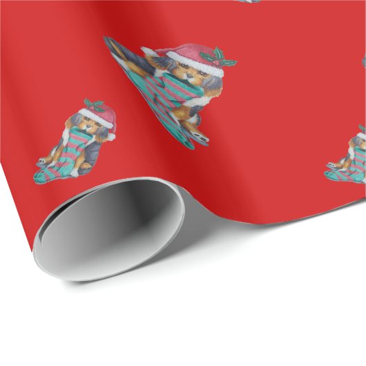 クリスマス用の服を着たかわいい黒と茶色の子犬 ラッピングペーパー (ロールコーナー)