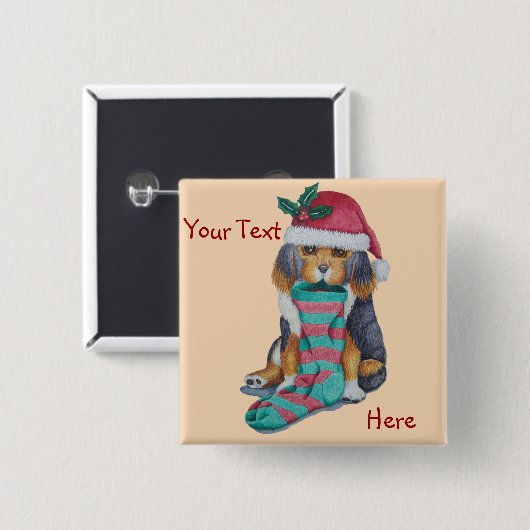 クリスマス用の服を着たかわいい黒と茶色の子犬 缶バッジ (正面&裏面)