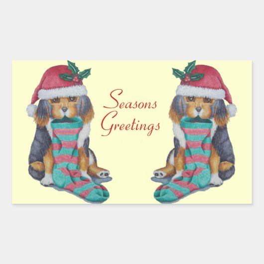 クリスマス用の服を着たかわいい黒と茶色の子犬 長方形シール (正面)