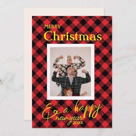クリスマス用の赤バッファローの格子状の写真フレームカード シーズンカード (正面/裏面)