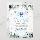 クリスマス男の赤ちゃんブルーメリー小さな赤ちゃんシャワー 招待状 (正面/裏面)