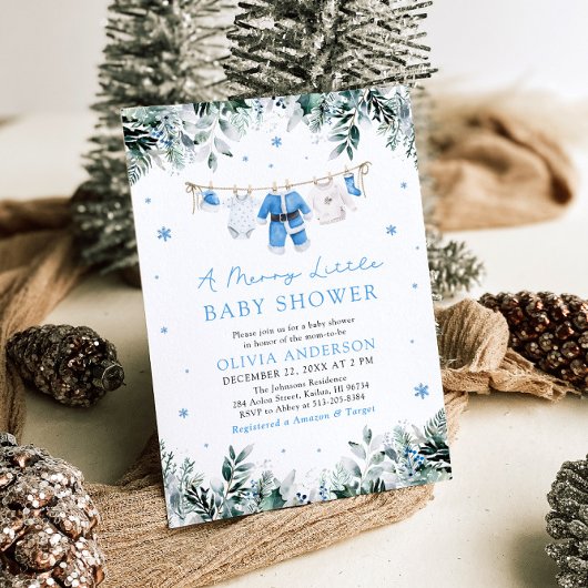 クリスマス男の赤ちゃんブルーメリー小さな赤ちゃんシャワー 招待状