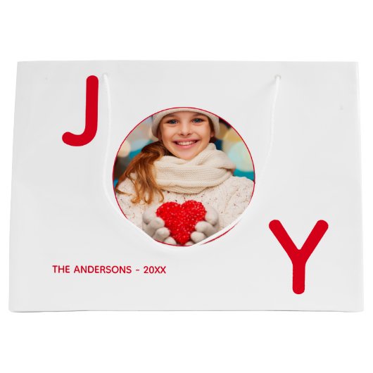 クリスマス白い赤い喜び写真ミニマシンプルリスト ラージペーパーバッグ (正面)