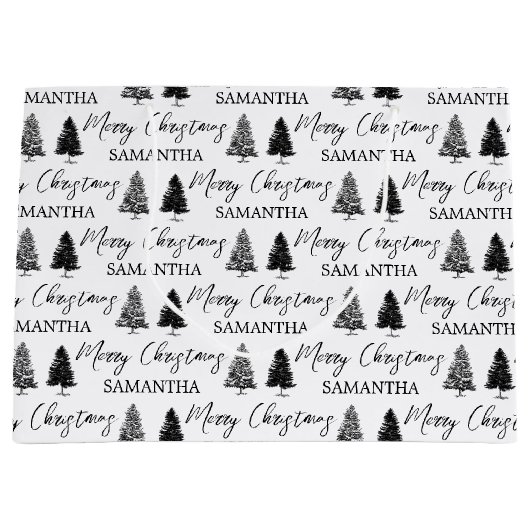 クリスマス白黒クリスマス素朴パインツリー ラージペーパーバッグ (正面)
