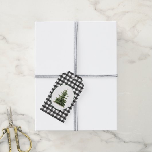 クリスマス白黒チェックプレイドヴィンテージツリー ギフトタグ (より糸付き)