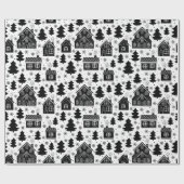 クリスマス白黒ハウスツリーズスノーフレーク ラッピングペーパー (フラット)