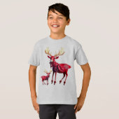 クリスマス祝祭レッド+トナカイおしゃれ Tシャツ (正面フル)