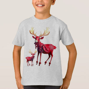 クリスマス祝祭レッド+トナカイおしゃれ Tシャツ