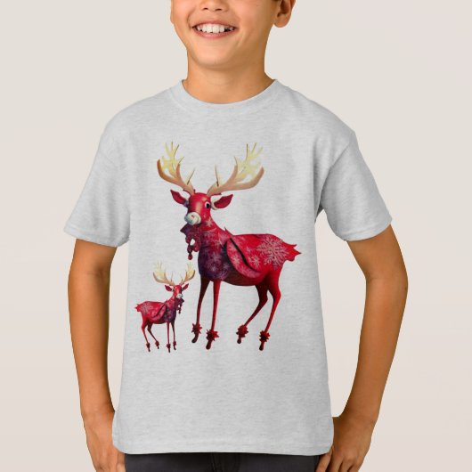 クリスマス祝祭レッド+トナカイおしゃれ Tシャツ (正面)
