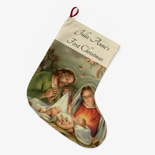 クリスマス神聖な家族の出生イエス・キリストメリーヨセフ ラージクリスマスストッキング (正面 (吊り時))