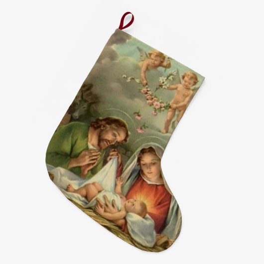 クリスマス神聖な家族の出生イエス・キリストメリーヨセフ ラージクリスマスストッキング (正面 (吊り時))
