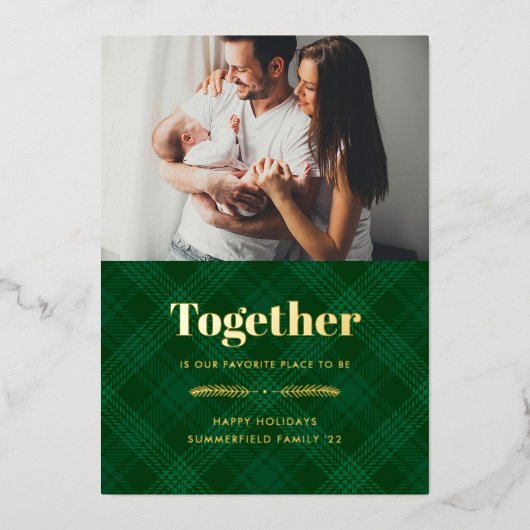 クリスマス私お気に入りのたちのプレイスファミリーフォト金ゴールド 箔シーズンカード (正面)