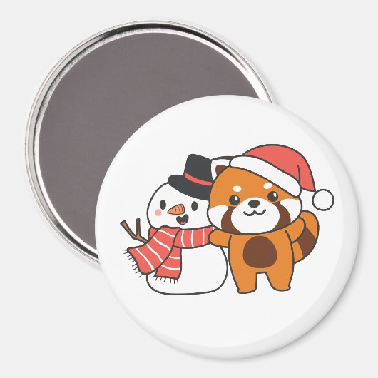 クリスマス等の冬の雪だるま付き赤パンダ マグネット (正面/裏面)