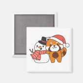 クリスマス等の冬の雪だるま付き赤パンダ マグネット (正面/裏面)