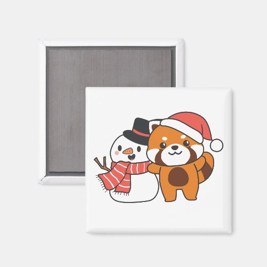 クリスマス等の冬の雪だるま付き赤パンダ マグネット (正面/裏面)