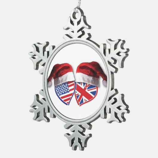 クリスマス米国およびサンタクロースのイギリスの旗のハート スノーフレークピューターオーナメント (右)