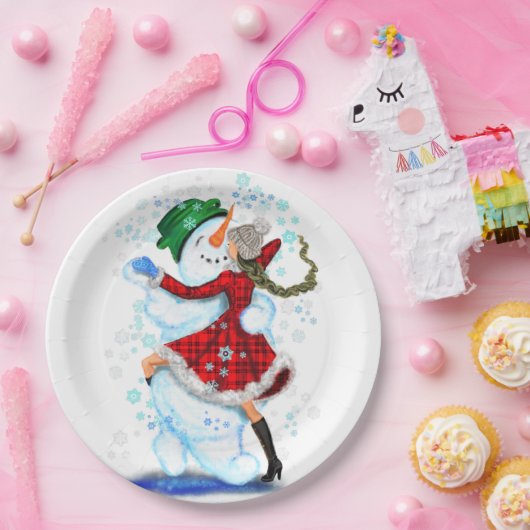 クリスマス紙プレート雪だるまアンドガールダンス ペーパープレート (パーティー)