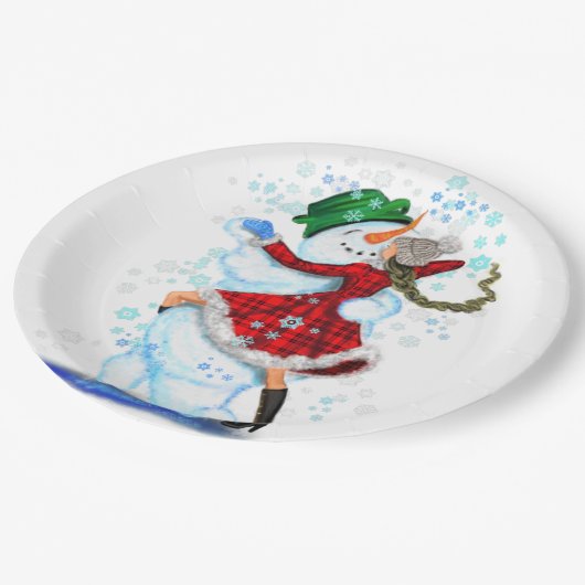 クリスマス紙プレート雪だるまアンドガールダンス ペーパープレート (アングル)