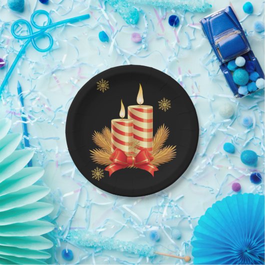 クリスマス紙プレート、赤金ゴールドクリスマスキャンドル ペーパープレート (パーティー)