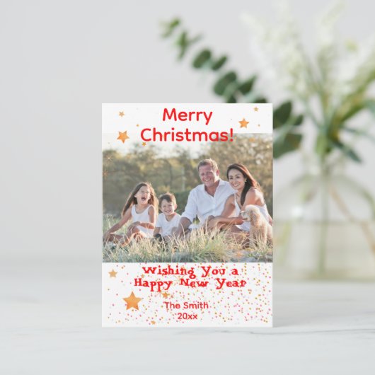 クリスマス紙吹雪金ゴールド白い赤い写真はがき ポストカード (スタンド正面)