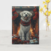 クリスマス素晴らしギフト暖炉とピレネー犬 カード (黄色い花)