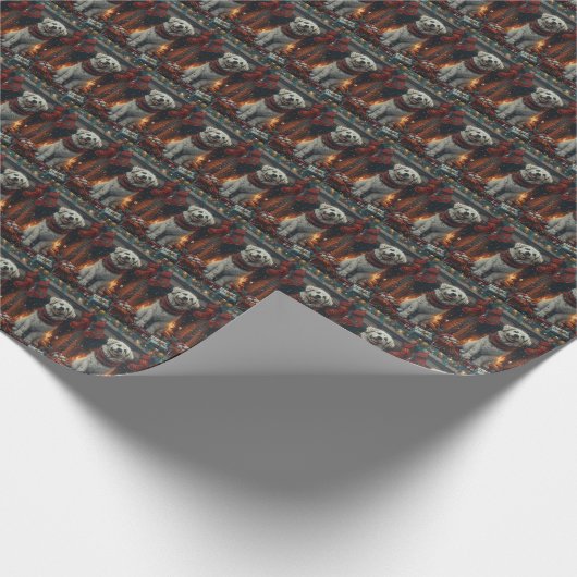 クリスマス素晴らしギフト暖炉とピレネー犬 ラッピングペーパー (角)