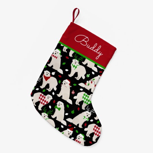 クリスマス素晴らしピレネー名前をカスタムする スモールクリスマスストッキング (正面 (吊り時))