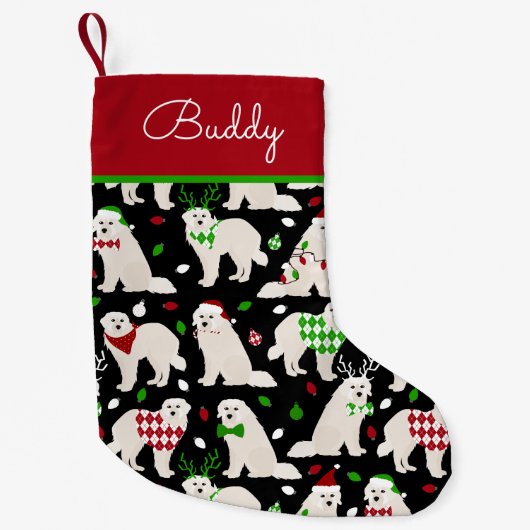 クリスマス素晴らしピレネー名前をカスタムする スモールクリスマスストッキング (正面)
