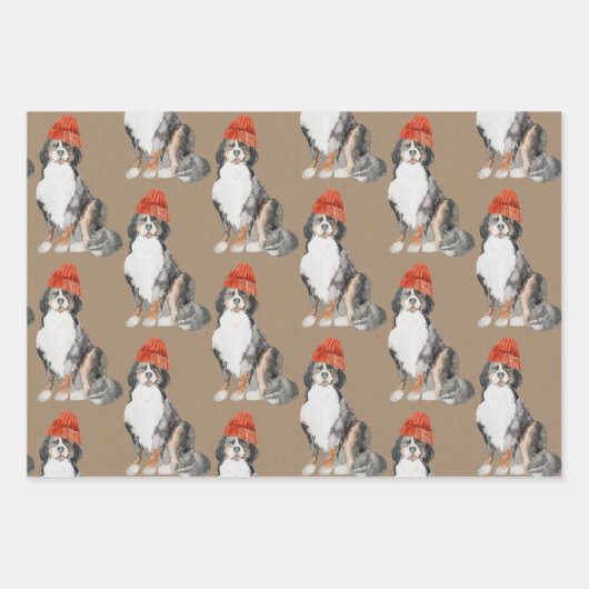 クリスマス素朴に服を着たクラフト・ベルネーゼ犬 ラッピングペーパーシート (正面)