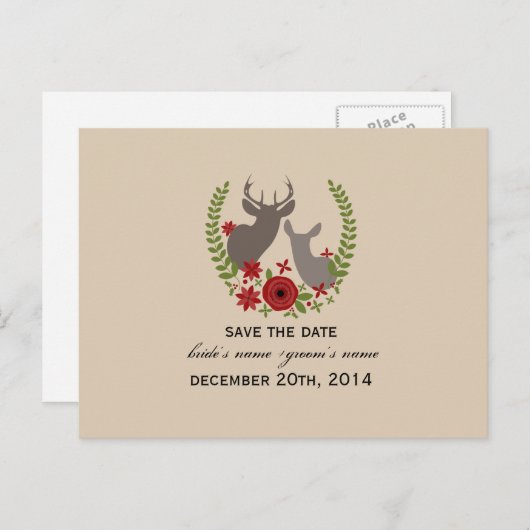 クリスマス素朴のフローラ鹿が日付を保存 案内ポストカード (正面/裏面)
