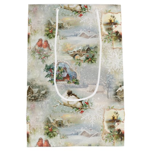 クリスマス素朴の冬のシーンのコラージュ ミディアムペーパーバッグ (裏面)