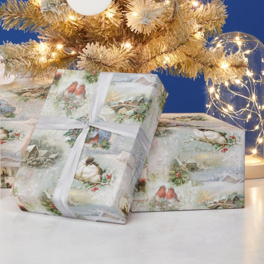 クリスマス素朴の冬のシーンのコラージュ ラッピングペーパー (クリスマス)