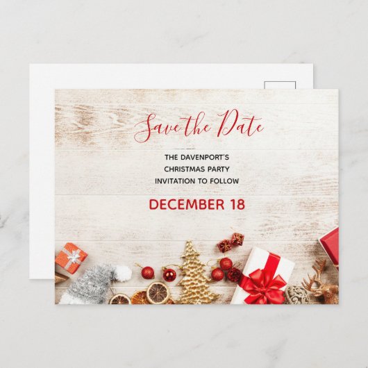 クリスマス素朴の木のボード日付を保存 インビテーションポストカード (正面/裏面)