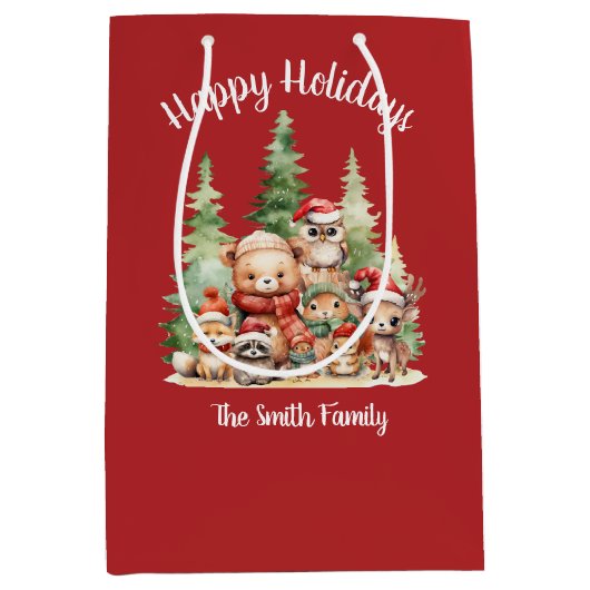 クリスマス素朴の森の動物 ミディアムペーパーバッグ (正面)