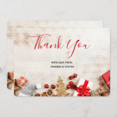 クリスマス素朴アイテムを飾った木製写真 サンキューカード (正面/裏面)