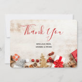 クリスマス素朴アイテムを飾った木製写真 サンキューカード (正面)