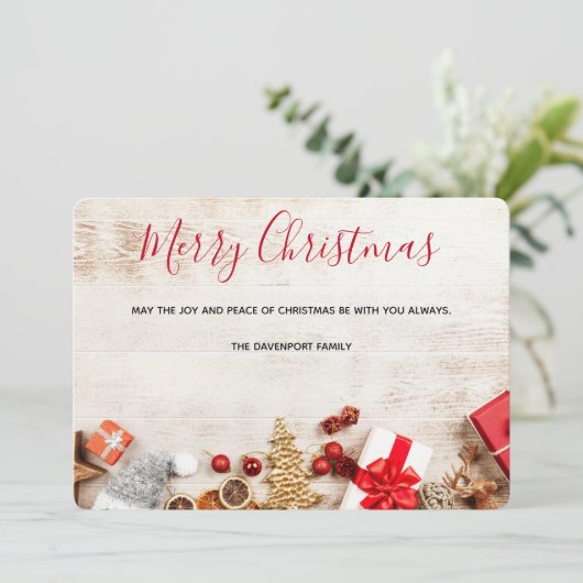 クリスマス素朴アイテムを飾った木製写真 シーズンカード (スタンド正面)
