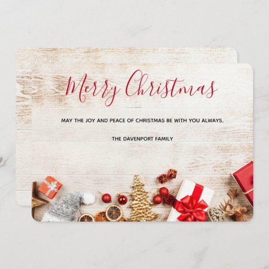 クリスマス素朴アイテムを飾った木製写真 シーズンカード (正面/裏面)