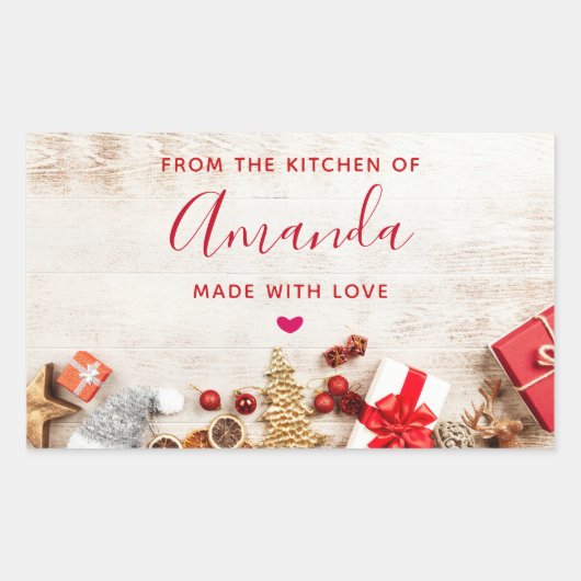 クリスマス素朴アイテム付きウッドフォトキッチン 長方形シール (正面)