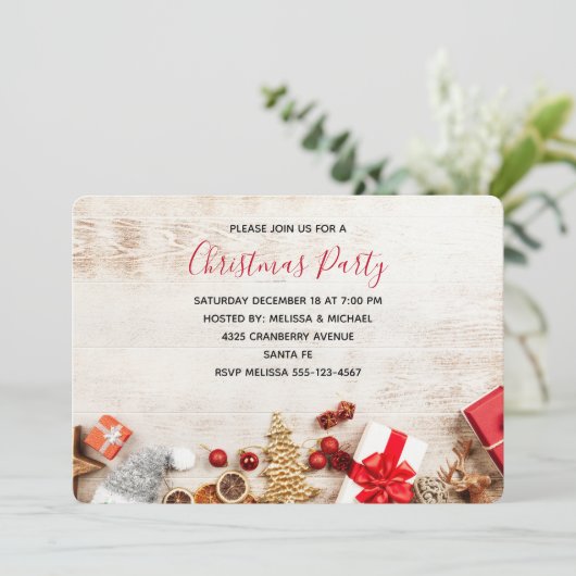 クリスマス素朴アイテム付き木製写真パーティー 招待状 (スタンド正面)