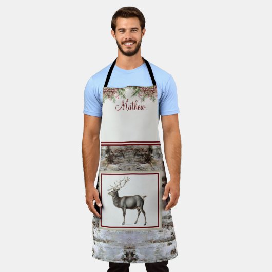 クリスマス素朴ウッドトナカイヴィンテージモノグラム エプロン (着用した状態)