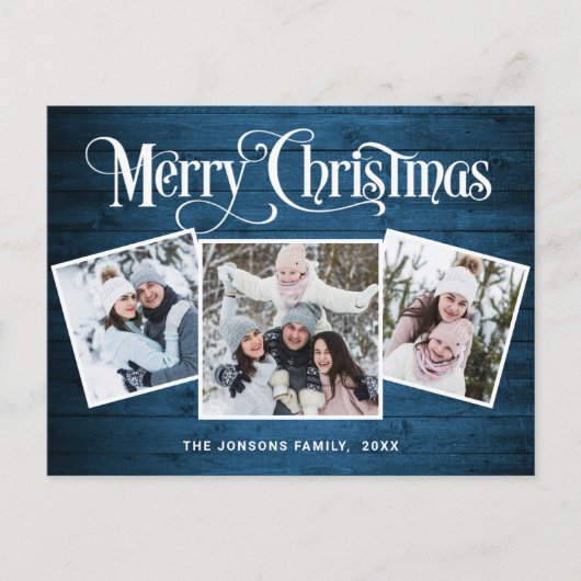 クリスマス素朴ウッド3フォトグリーティングホリデー ポストカード (正面)