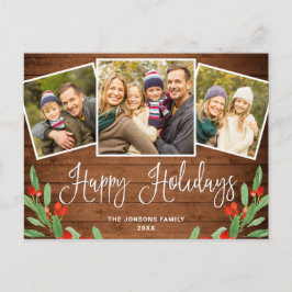 クリスマス素朴ウッド3フォトグリーティングホリデー ポストカード