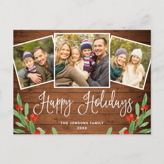 クリスマス素朴ウッド3フォトグリーティングホリデー ポストカード (正面)