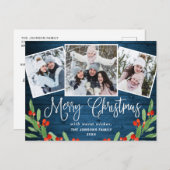 クリスマス素朴ウッド3フォトグリーティングホリデー ポストカード (正面/裏面)