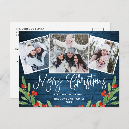 クリスマス素朴ウッド3フォトグリーティングホリデー ポストカード (正面/裏面)